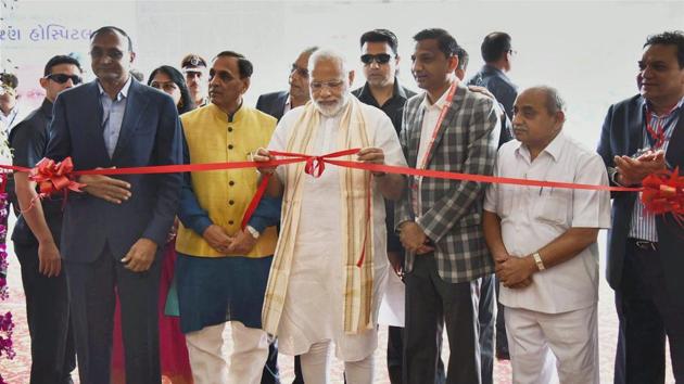 Prime Minister Narendra Modi at the inauguration of a multispeciality hospital in Surat on Monday.(PTI)