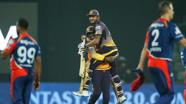 Manish Pandey of Kolkata Knight Riders celebrates the team’s win against Delhi Daredevils during their 2017 Indian Premier League (IPL) match at the Feroz Shah Kotla Stadium in Delhi.(BCCI)