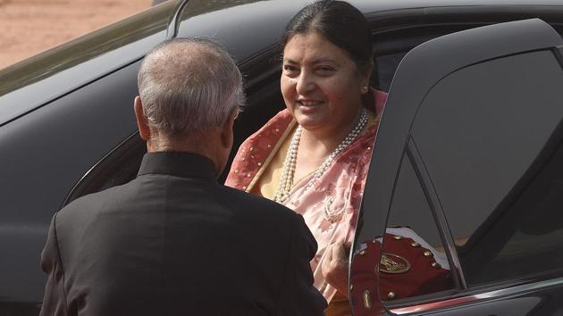 Nepal President, Bidhya Devi Bhandari arrived here on Monday on her first overseas tour during which she will hold talks with top Indian leadership to strengthen bilateral ties. (Sonu Mehta/HT PHOTO)