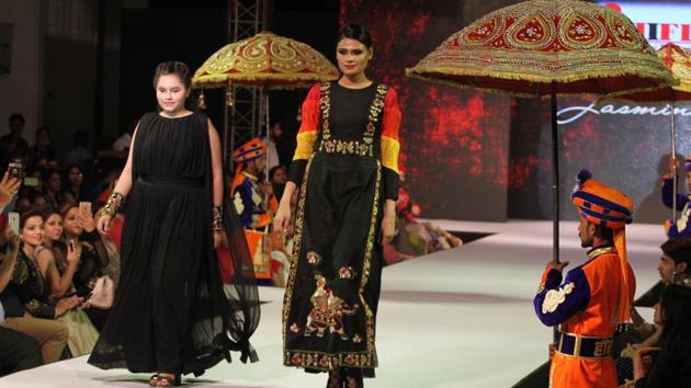 Models on the ramp during Ludhiana Fashion Week by students on Monday. (Jagtinder Singh Grewal/HT Photo)