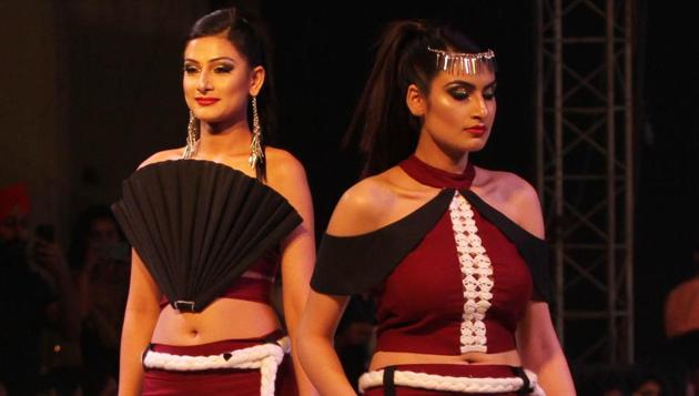 Models on the ramp during Ludhiana Fashion Week by students on Monday. (Jagtinder Singh Grewal/HT Photo)