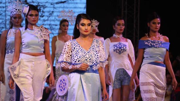Models on the ramp during Ludhiana Fashion Week by students on Monday. (Jagtinder Singh Grewal/HT Photo)
