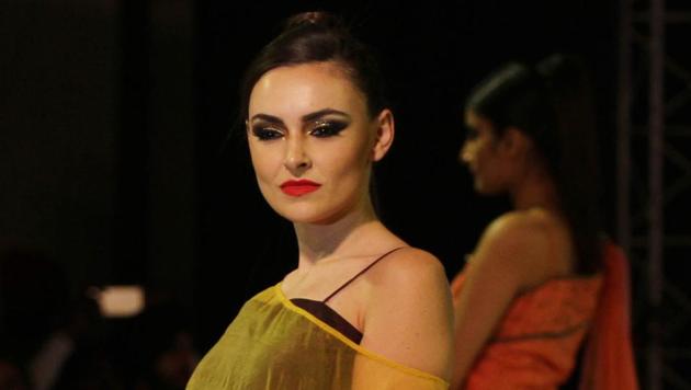 Models on the ramp during Ludhiana Fashion Week by students on Monday. (Jagtinder Singh Grewal/HT Photo)