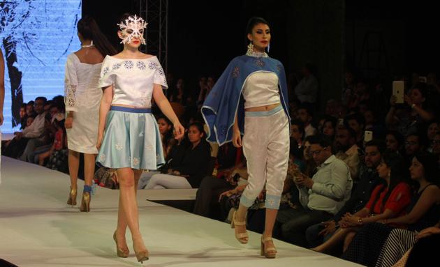 Models on the ramp during Ludhiana Fashion Week by students on Monday. (Jagtinder Singh Grewal/HT Photo)