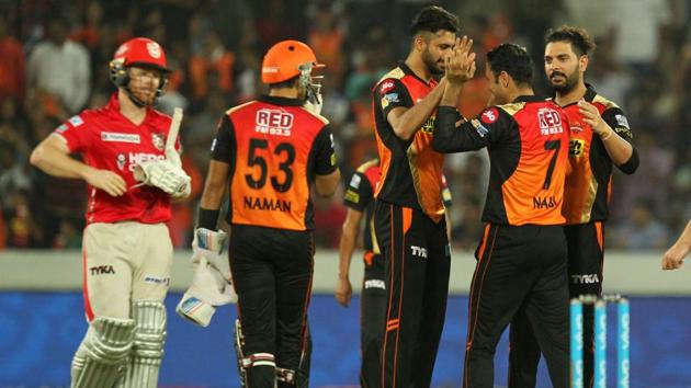 Kings XI Punjab continued to lose wickets at regular intervals. Here Mohammad Nabi of Sunrisers Hyderabad celebrates the wicket of Eoin Morgan. (BCCI)