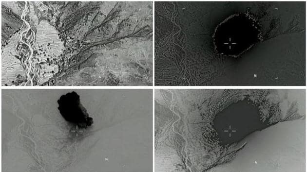 A combination of still images taken from a video released by the US Department of Defence on April 14, 2017 shows (clockwise) the explosion of a MOAB, or "mother of all bombs", when it struck the Achin district of the eastern province of Nangarhar, Afghanistan.