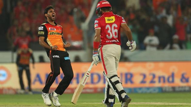 Bhuvneshwar Kumar of Sunrisers Hyderabad exults after dismissing Manan Vohra who scored 95 off 50 balls.  (BCCI) 