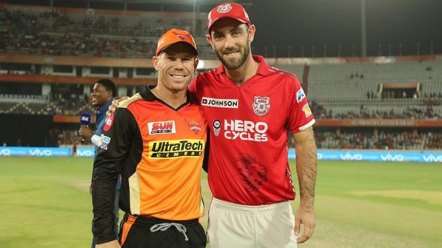 Sunrisers Hyderabad captain David Warner and Kings XI Punjab captain Glenn Maxwell at the toss before their Indian Premier League match at the Rajiv Gandhi International Stadium in Hyderabad on Monday.  (BCCI) 