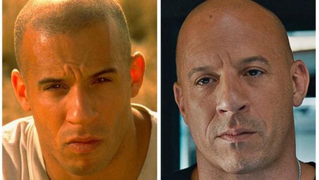 Vin Diesel as Dominic Toretto in The Fast and the Furious (L) and The Fate of the Furious (R).
