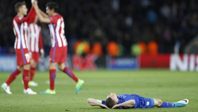 Leicester City F.C.'s Jamie Vardy lies down on the ground dejected after the UEFA Champions League quarterfinal match against Atletico Madrid on Tuesday. (Reuters) Leicester City F.C.'s Jamie Vardy lies down on the ground dejected after the UEFA Champions League quarterfinal match against Atletico Madrid on Tuesday. (Reuters)