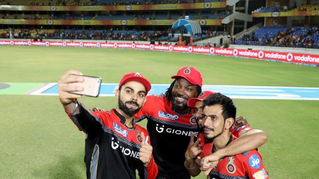 Virat Kohli clicks a selfie with three of his teammates who played a key role in helping Royal Challengers Bangalore register their second win in IPL 2017. While Chris Gayle scored a 38-ball 77 and Yuzvendra Chahal took three scalps, Mandeep Singh took the all-important catch of Dwayne Smith. (BCCI )