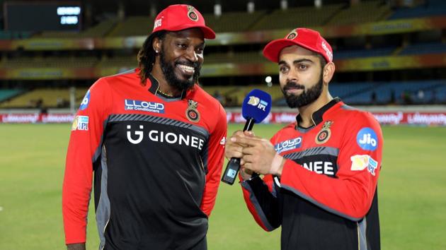 Virat Kohli and Chris Gayle’s 122-run partnership guided Royal Challengers Bangalore to a 21-run win over Gujarat Lions in a 2017 Indian Premier League clash at Rajkot.(BCCI)