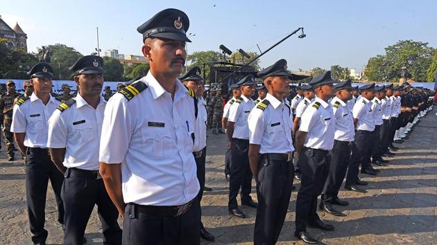 Personnel stand in formation at the parade. (Pratik Chorge/HT Photo)