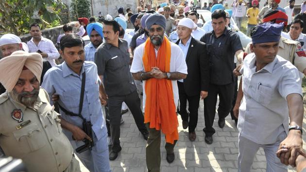 Harjit Singh Sajjan in his ancestral village Bombeli on Thursday. (Ravi Kumar/HT)