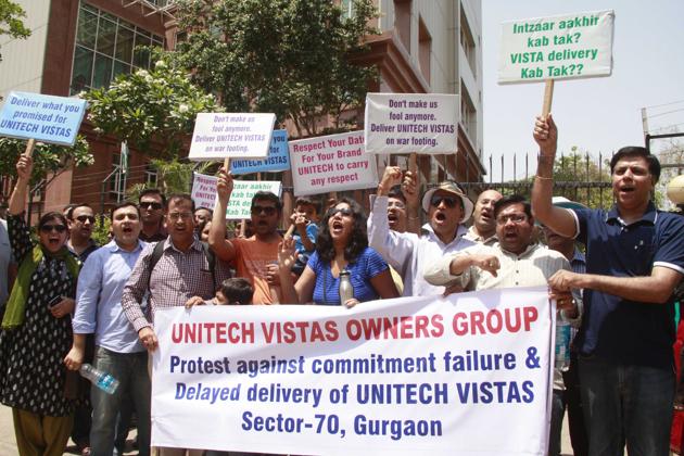 Homebuyers protest against Unitech in Gurgaon.(File photo)