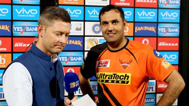 SRH’s Mohammad Nabi poses while former Australia skipper Michael Clarke gets ready to take his interview.  (BCCI ) 