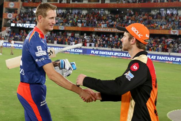 Chris Morris greets Kane Williamson, who played a blistering 89-run knock in his first game this season.  (BCCI ) 