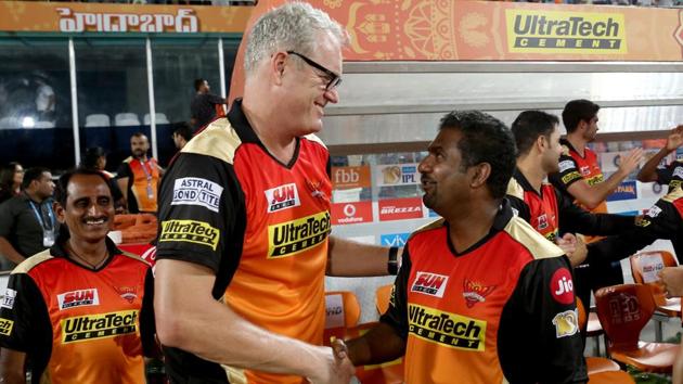 Sunrisers Hyderabad coach Tom Moody and bowling coach Muttiah Muralitharan congratulate each other after their team registers a close win vs Delhi Daredevils.  (BCCI ) 