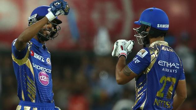 Hardik Pandya and Nitish Rana of Mumbai Indians celebrate their eight-wicket victory against Kings XI Punjab in their 2017 Indian Premier League match at the Holkar Stadium in Indore on Thursday. (BCCI)