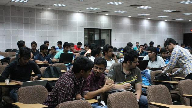 Members of the Electronic Engineering Society participating in a hackathon at IIT Delhi. They’ll be organising another one on climate change this weekend with the institute’s Sustainability Society(Handout)