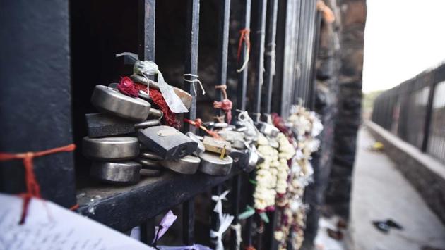 The labyrinths of passage ways and cave-like rooms have a plethora of locks tied to the gates; each lock imprisons a wish, a supplication made to the Djinns. (Burhaan Kinu/HT PHOTO)