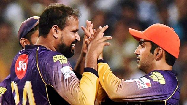 Kolkata: KKR Captain Gautam Gambhir celebrates with Yusuf Pathan during an IPL match against Sunrisers Hydrabad at Eden Garden in Kolkata on Saturday. PTI Photo by Ashok Bhaumik(PTI4_15_2017_000161A)(PTI)