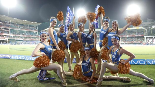 Mumbai Indians cheerleaders gave a cheerful pose while their batsmen decimated Kings XI Punjab’s bowling at the Holkar Stadium in Indore on Thursday. (BCCI)