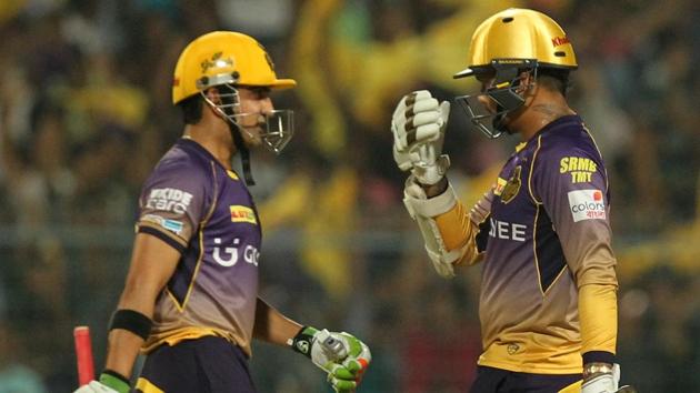 At one time, KKR were 45/0 with Sunil Narine (right) on 42. Captain Gautam Gambhir was happy to play the subdued role when Narine went full blast. (BCCI)
