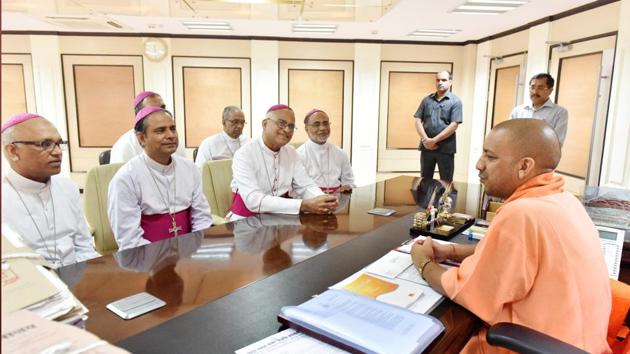 A delegation of bishops from Catholic churches of Uttar Pradesh with chief minister Yogi Adityanath in the state capital on Friday.(HT Photo)