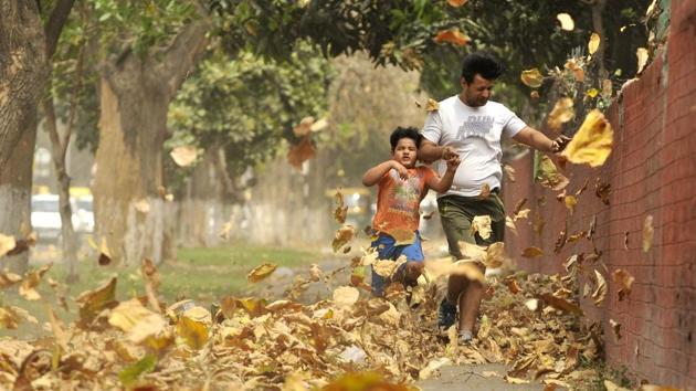 The dust storm catches a kid by surprise as the duo try to navigate through a maze of dust and dry leaves in Chandigarh on Friday. (Ravi Kumar/HT)