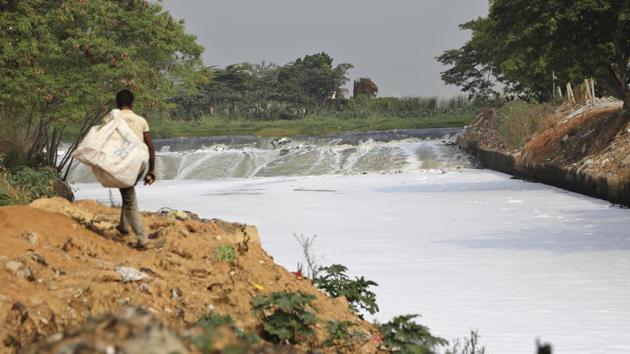 A ragpicker looks for recyclable material on the banks of Bellundur Lake, filled with toxic froth from industrial pollution, on the eve of Earth Day in Bangalore. National Green Tribunal on Wednesday directed immediate and complete shutdown of all industries around the water body. (Aijaz Rahi/AP) A ragpicker looks for recyclable material on the banks of Bellundur Lake, filled with toxic froth from industrial pollution, on the eve of Earth Day in Bangalore. National Green Tribunal on Wednesday directed immediate and complete shutdown of all industries around the water body. (Aijaz Rahi/AP)
