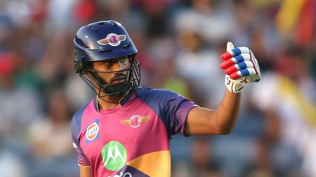 Rahul Tripathi of Rising Pune Supergiant after reaching his fifty in their 2017 Indian Premier League match against Sunrisers Hyderabad at the MCA Stadium in Pune on Saturday.(BCCI)