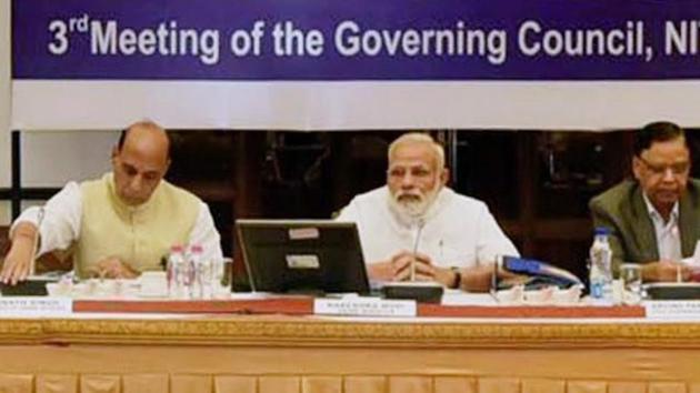 Prime Minister Narendra Modi chairing the 3rd governing council meeting of the Niti Aayog in New Delhi on Sunday.(PTI Photo)