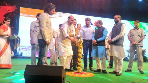 Union Home Minister Rajnath Singh along with other dignitaries during the unveiling of the logo and mascot of the talent hunt tournament. (ITBP/Twitter) Union Home Minister Rajnath Singh along with other dignitaries during the unveiling of the logo and mascot of the talent hunt tournament. (ITBP/Twitter)