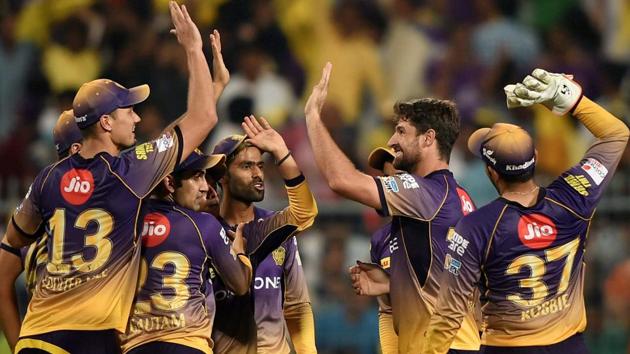 Kolkata Knight Riders players celebrate their big win over Royal Challengers Bangalore in their 2017 Indian Premier League (IPL) match at the Eden Gardens on Sunday.(PTI)