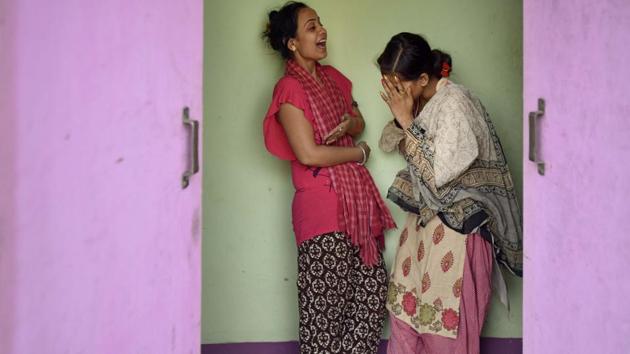 Dancers Naina Sharma and Shoma Sigdha share a light moment at their house in Patna.  In 2005, after the Maharashtra state government banned dance bars, many of the dancers came to Bihar in search of work. (Ravi Choudhary/HT PHOTO) 