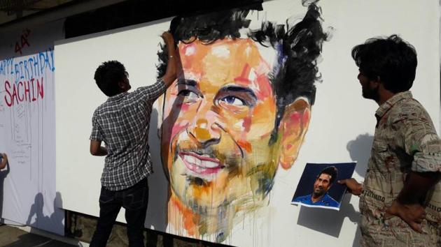 Sachin is widely regarded as the greatest and most complete batsman of his time, and the biggest icon cricket has ever known. In Thane, fans create a mural of the Little Master to wish him on his birthday. (Praful Gangurde/HT PHOTO) 