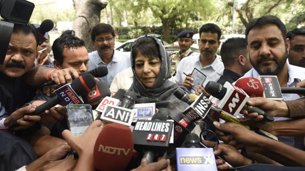 Jammu and Kashmir chief minister Mehbooba Mufti addresses the media after meeting Prime Minister Narendra Modi in New Delhi on Monday. (Sonu Mehta/HT Photo) Jammu and Kashmir chief minister Mehbooba Mufti addresses the media after meeting Prime Minister Narendra Modi in New Delhi on Monday. (Sonu Mehta/HT Photo)