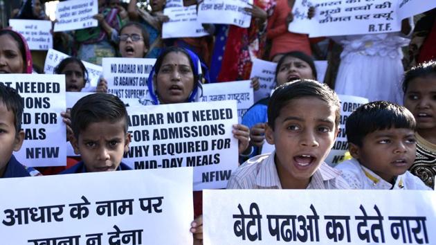 Children during a demonstration against linking Aadhaar to school admissions and mid-day meals, in Delhi, March 17 (Arun Sharma/HT PHOTO) Children during a demonstration against linking Aadhaar to school admissions and mid-day meals, in Delhi, March 17 (Arun Sharma/HT PHOTO)