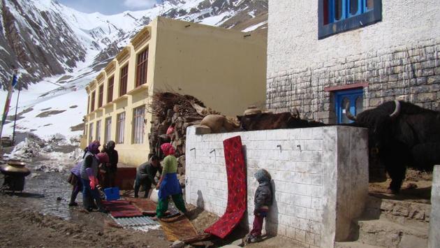 Womenfolk at Mudh village, the last outpost in the Pin Valley in Spiti. With an average elevation of 4000 metres, Spiti has one of the lowest population density in India of just two people per square kilometre. (Amandeep Singh Kalra) 