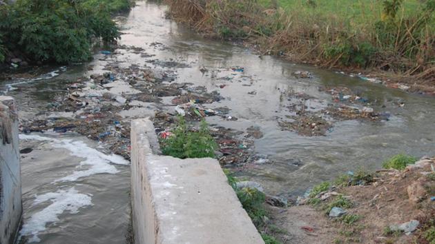 Untreated water being discharged from the plant into Kali Bein on Monday. (HT Photo) Untreated water being discharged from the plant into Kali Bein on Monday. (HT Photo)