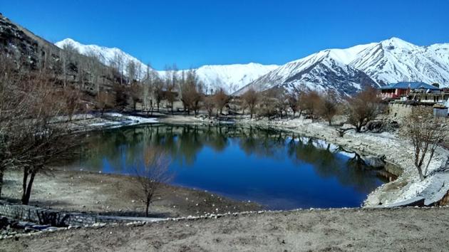 An azure blue sky forms a near perfect backdrop against the Nako Lake. As one reaches the corner of Kinnaur District on the old Hindustan-Tibet highway, the landscape begins to change dramatically and one is able to access a valley that remains obscured by extremely harsh winters for more than four months of the year. (Amandeep Singh Kalra)