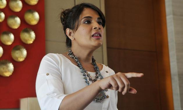 Khoon Aali Chithi is Richa Chadda’s maiden Punjabi production. She is seen here at the screening of the short film at a hotel in Chandigarh on Tuesday, April 25. (Karun Sharma/HT) 