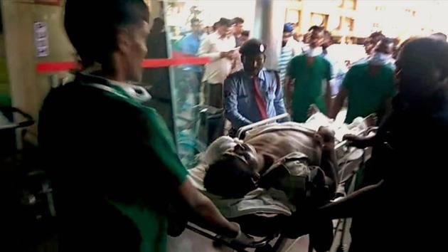 An injured CRPF soldier being brought to Raipur for treatment on Monday following a Maoist attack at Burkapal near Chintagufa in Bastar.(PTI)