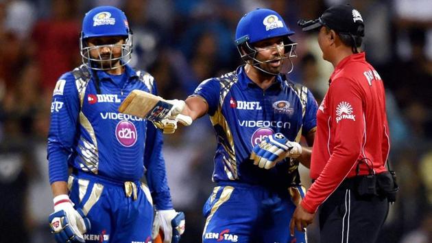 Mumbai: Mumbai Indians’ Rohit Sharma argues with an umpire during the IPL match against Rising Pune Supergiant. (PTI)