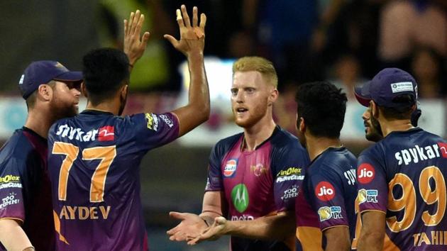 Rising Pune Supergiants’ players celebrate the dismissal of Hardik Pandya during the IPL match against Mumbai Indians. (PTI)