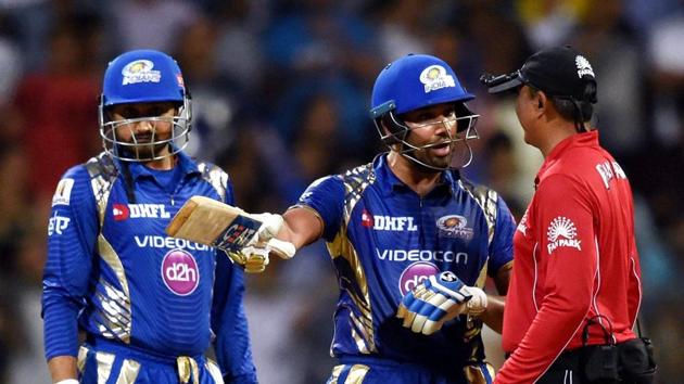 Mumbai Indians captain Rohit Sharma argues with an umpire during his team’s Indian Premier League (IPL) match against Rising Pune Supergiants in Mumbai on Monday.(PTI)