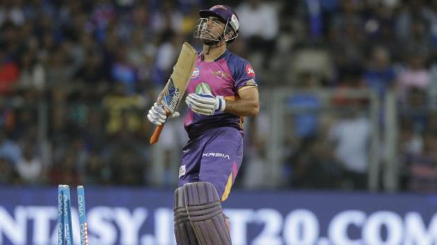 Rising Pune Supergiant batsman Mahendra Singh Dhoni reacts after losing his wicket. (AP)