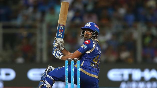 Mumbai Indians captain Rohit Sharma looks back after scooping a delivery over the wicket-keeper’s head. (BCCI)