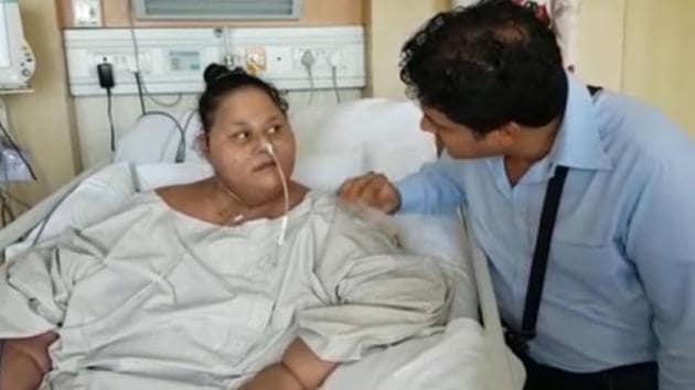 Doctors say Eman’s condition has improved by 70%, which her sister Shaimaa Selim denies.(HT Photo)